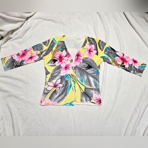 Yellow, Grey, and Pink Floral Cardigan